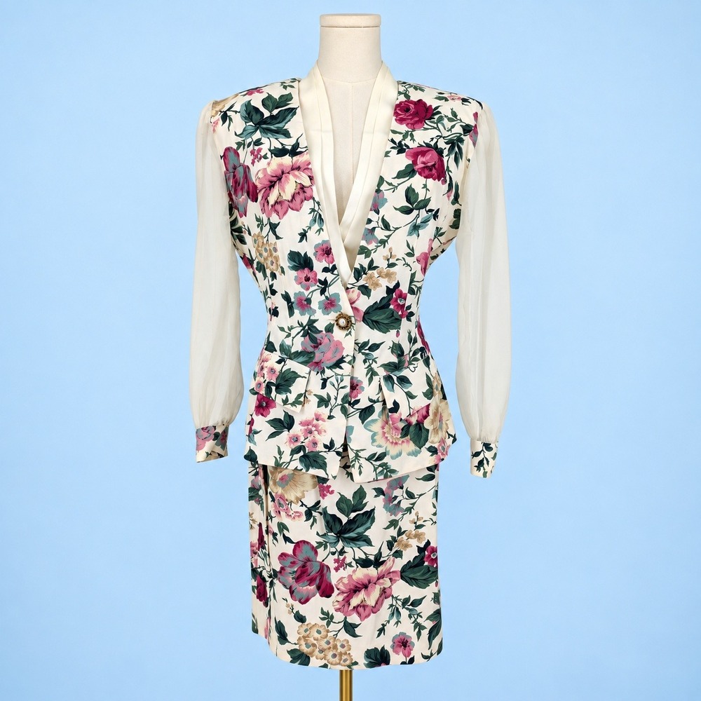 Marnie West Skirt Suit 11 Cream Floral Sheer Puff Sleeve Vintage 80s USA Cottage